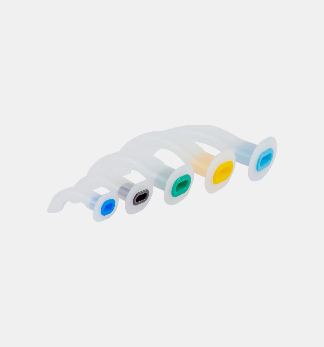 Color-coded Guedel oropharyngeal airways fanned by size