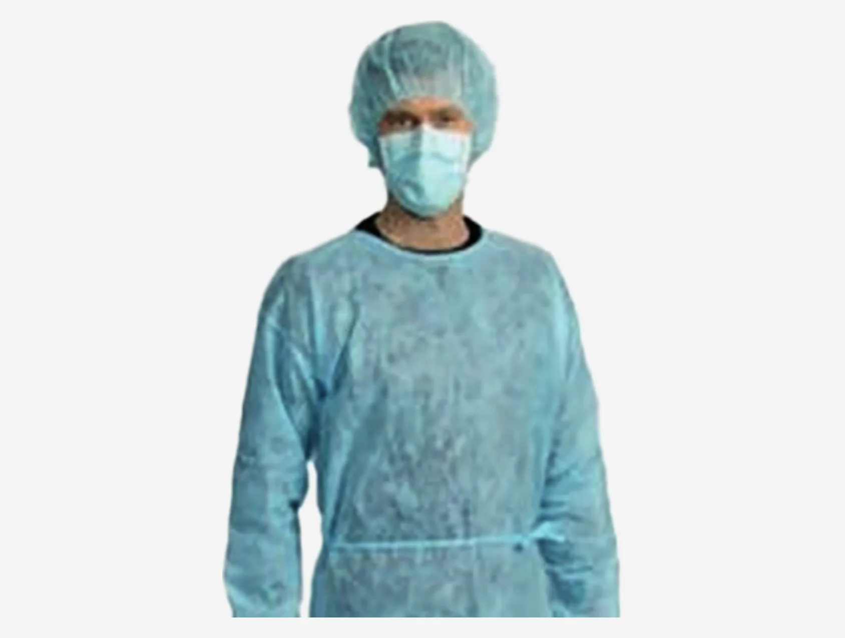 Clinician wearing a blue isolation gown, bouffant cap and face mask