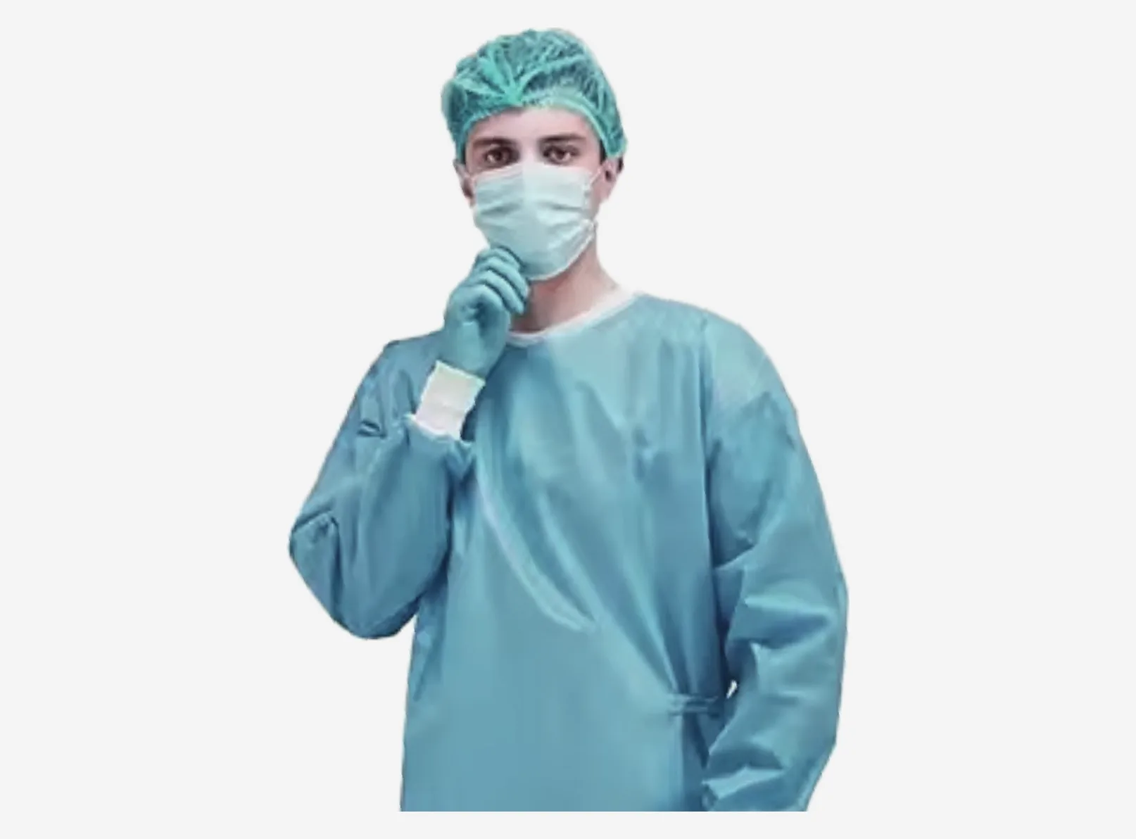 Surgeon wearing a reinforced surgical gown, cap and mask